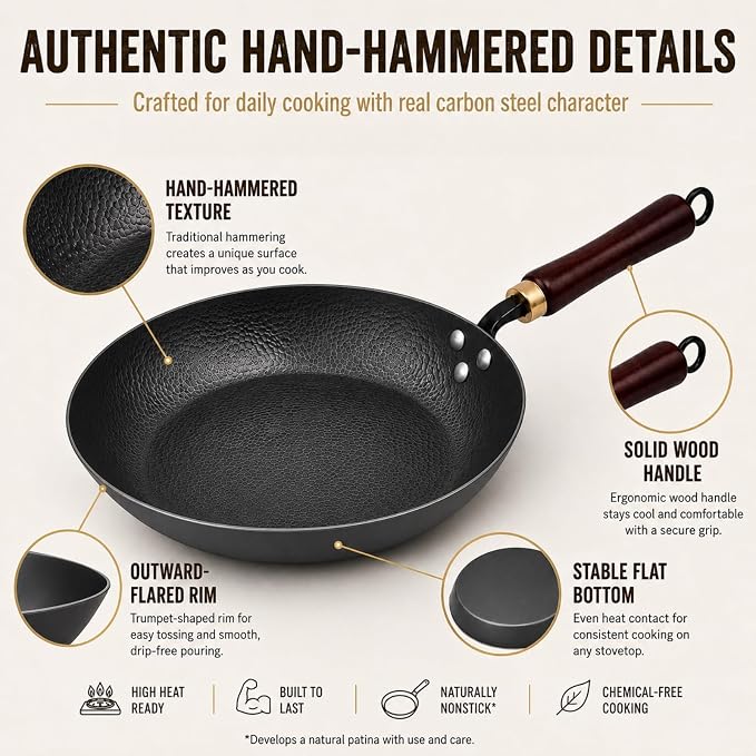 Calmabode 10.5" Hand Hammered Carbon Steel Skillet for Searing | Uncoated surface; removable handle for oven use, smoother food release with seasoning, and compatibility with all stovetops.