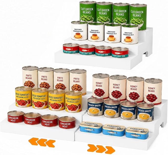 Expandable Can Organizer for Pantry Fits Up to 24 20-oz Canned Food, White | 3-Tier Can Storage Holder for Kitchen Cabinet, Solid Wood Canned Goods Pantry Organizer Shelf, Visible & Accessible Display