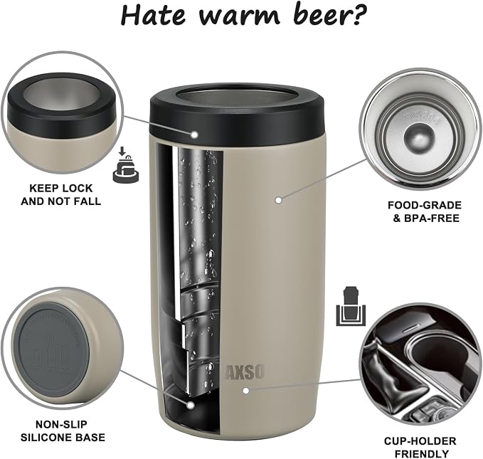 4-in-1 Slim Can Cooler Easy to Hold Insulated Beer Can Holder Double-walled Stainless Steel for All 12 Oz Cans (Beige)