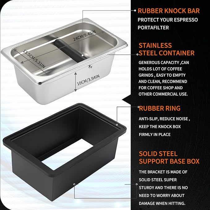Espresso Knock Box,Large capacity Stainless Steel coffee knock box,espresso grounds knock box Suitable for use in cafés and homes(10.94 x 6.88 x 4.25 inch)