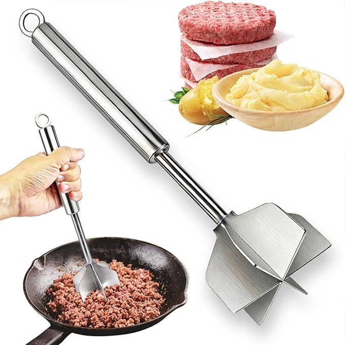 304 Stainless Steel Meat Masher 11 Inch 6 Blade | Ground Beef Chopper Tool Hamburger Smasher for Potato Chicken Puree, Heavy Duty Food Grade Mixer Utensil for Home Meal Prep