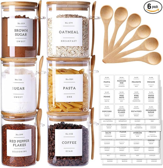 CZSZYGHBAO 6 Pack Glass Jars with Bamboo Lid and Spoons - 17Oz/27Oz Borosilicate Glass Jars with 132 Pantry Labels - for Coffee Beans, Tea, Sugar & More