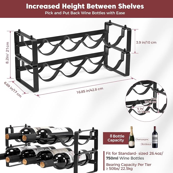 Stackable Wine Rack Countertop, 2 Tier 8 Bottle Wine Holder for Cabinet Bar | Sturdy Tabletop Wine Holder Stand for Pantry Bar, Freestanding Wire Metal Wine Bottle Rack Small Wine Storage Organizers