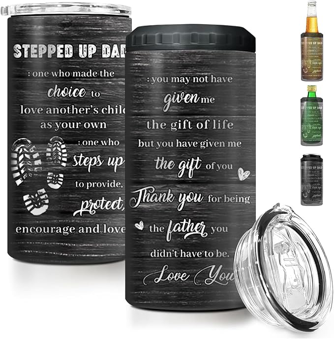 Step Dad Gifts, 4-IN-1 Stainless Steel Insulated Can Cooler | Fathers Day, Birthday, Christmas, Retirement, Beer Holder, Double-Wall, 16 Oz Tumbler, Keep Cold, Keep Hot, From Daughter Son