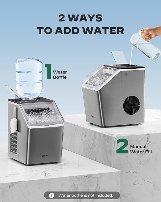 Silonn Ice Maker Countertop 44lbs/Day, Ice Cube Maker with Self-Cleaning, Stainless Steel Ice Machine with 2 Water Fill Options, Compact for Home Office Bar Party