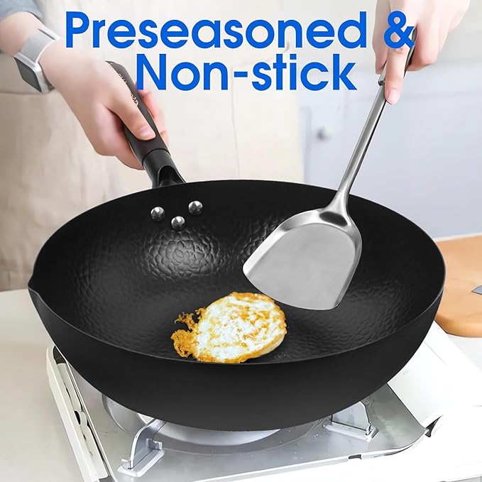 Souped Up Recipes 12.5 Inch Carbon Steel Wok For Electric, Induction and Gas Stoves (Lid, Spatula and User Guide Video Included)