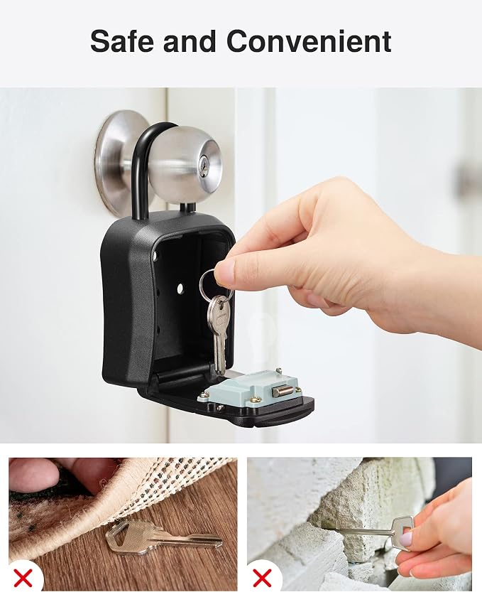 Puroma Key Lock Box Outdoor 4 Digit Code Combination Lockbox House, 4 Black | For Contractors Guest Realtor Storage Keys, Portable, Home Wall Mount, Resettable, Combination, Weatherproof, High-capacity