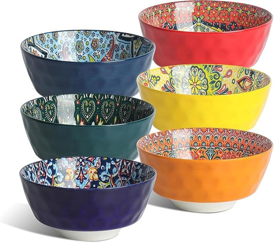 KitchenTour Cereal Bowls Set of 6, 26 oz Ceramic Soup Bowls for Kitchen, 6.4 Inch Colorful Serving Bowls for Oatmeal, Salad, Pasta, Dessert - Microwave & Dishwasher Safe