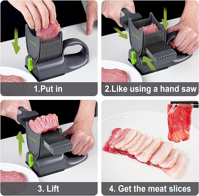 SupMaKin Fresh Meat Slicer with SteadyGrip, Adjustable 2/4 mm, 17 IN 1 | Stainless Steel Manual Meat Cutter, Cleaver Kitchen Knife, Jerky Slicer Suit for Chicken Breast Beef Pork