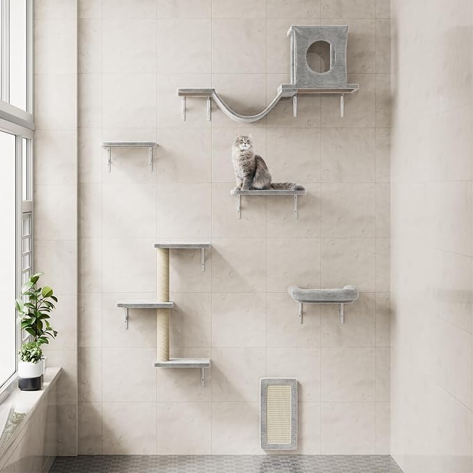 NUNU LAB Cat Wall Shelves, 6 Pcs Luxury Wall-Mounted Cat Climber Set, Indoor Cat Furniture with 1 Condos House, 2 Cat Wall Shelves, 1 Scratching, 1 Bridge Ladder, 1 Scratching Pad, Light Grey