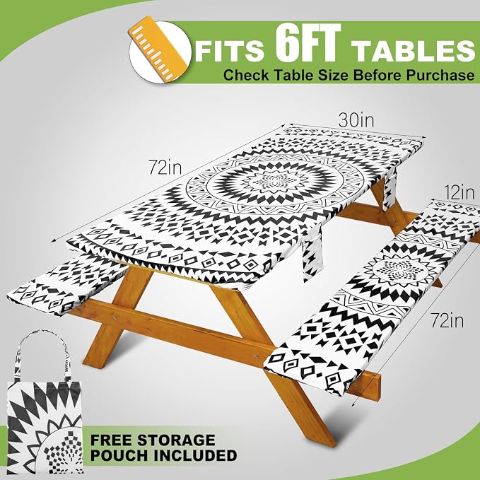 Fitted Picnic Table Cover with Bench Covers Vinyl Waterproof Elastic Edges Fitted Rectangle Tables Patio Tablecloth Camping Gear and Essentials Rv Accessories Road Trip Supplies Car Travel Must Haves