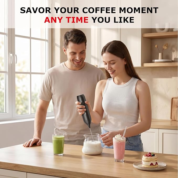 Bonsenkitchen Rechargeable Milk Frother Handheld, Electric Foam Maker with Stainless Steel Whisk, Charging USB-C, Portable Hand Wand Drink Mixer for Coffee Matcha Lattes Cappuccino, Kitchen Gifts