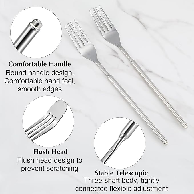 4 PCS Extendable Fork Set, Long Forks, Extended Stainless Steel Telescopic Forks for BBQ, Dinner, Dessert, Sausages, Hot Dogs, 9" to 25.2" Silver