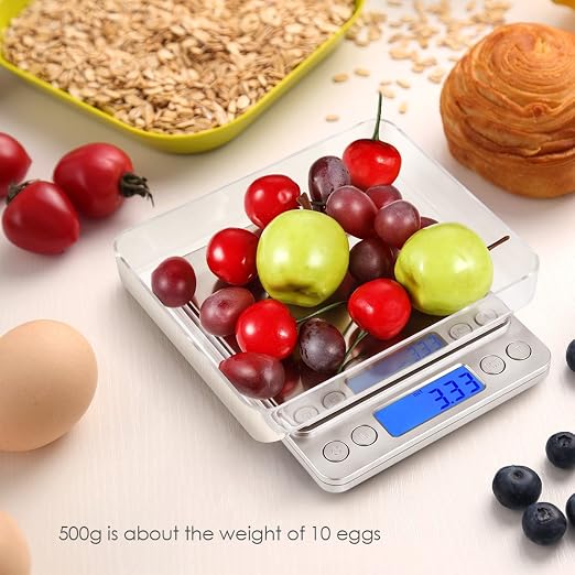 (Upgraded) AMIR Digital Kitchen Scale, 500g Mini Pocket Jewelry Scale, Food Scale, Coffee Scale, Back-Lit LCD Display, 2 Trays, 6 Units, Auto Off, Tare, PCS, Stainless Steel (Batteries Included)