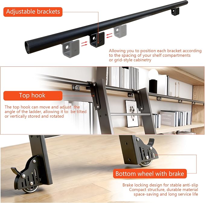 DIYHD 108" Rolling Library Ladder with Handrail, 4FT Sliding Rail, Black | 9-Step lightweight ladder with space-saving upright storage, Telescopic top hooks, Locking bottom rollers, 300lbs capacity