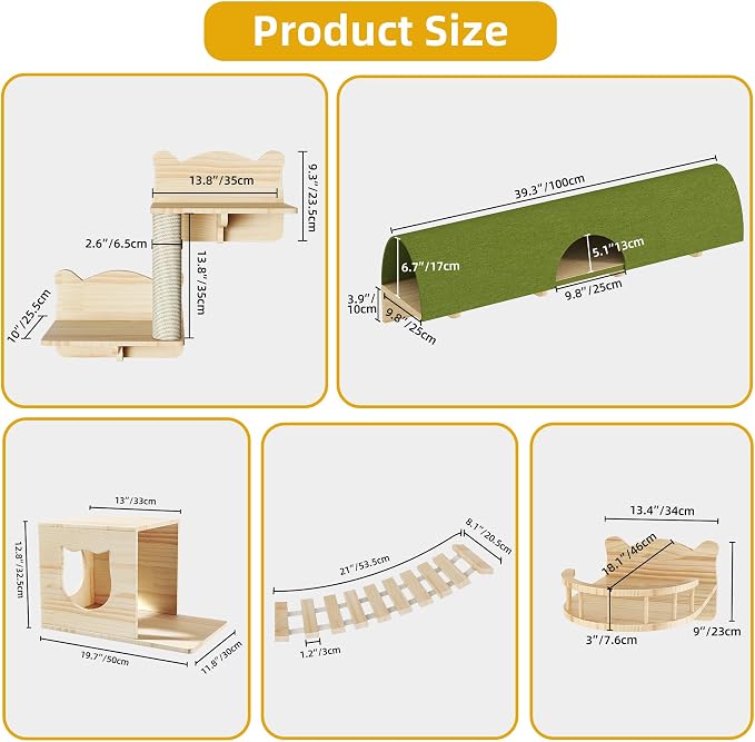 Cat Wall Shelves, 18-in-1 Cat Wall Furniture Set w/Tunnel & Bridge | Multi-Level Floating Cat Shelves for Space Saving, Solid Wood Cat Climbing System with Scratching Posts, 2 Condos, Burlywood