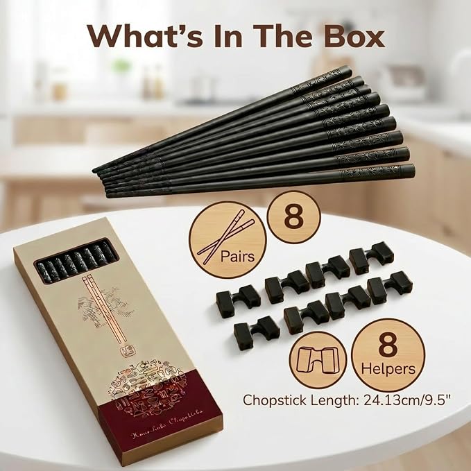 Fiberglass Training Chopsticks Set of 8 Pairs, Chop Sticks Reusable Dishwasher Safe with Chopsticks Helper for Beginners Kids&Adults, Non-Slip Durable Black Chopsticks for Sushi/Noodles/Daily Use