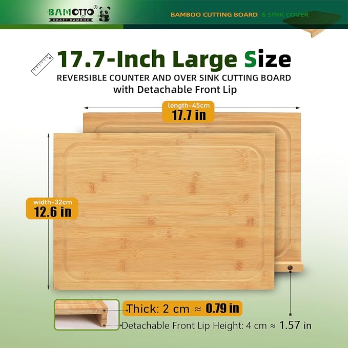BAMOTTO CRAFTBAMBOO Bamboo Cutting Board for Kitchen 17.7"x12.6" Over-Sink | Detachable Front Lip | Reversible Dual Juice Grooves | Large Chopping Board for Bread Meat Vegetables