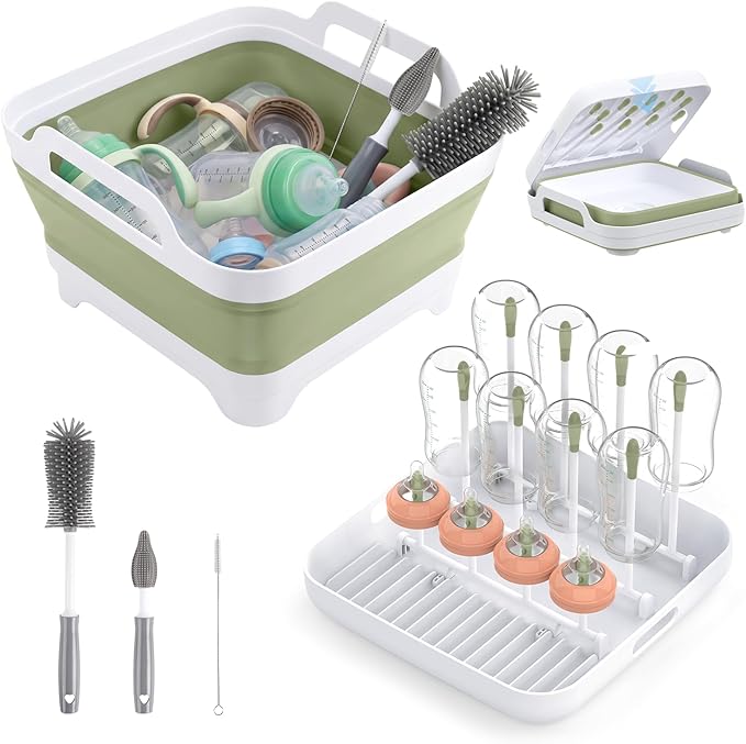 Yecuip Collapsible Baby Bottle Wash Basin w/Drying Rack & Drain Plug, Green | 2.4 Gallon Foldable Dish Tub w/Handles,Portable RV Camping Sink & Space-Saving Wash Bin with Lid for Kitchen,Travel & Outdoor