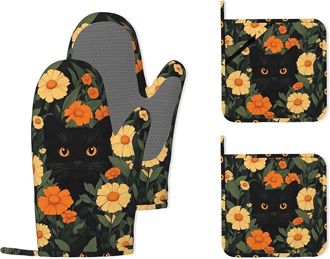 Black Cat Flowers Heat-Resistant Silicone Oven Mitts and Pot Holder 4 Piece Set,Non-Slip Kitchen Oven Gloves for Baking, BBQ, Cooking,Grilling
