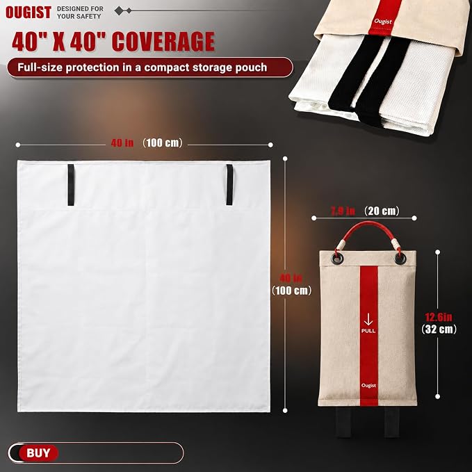 Ougist Fire Blanket, 2 Pack, 40"x40" | Fiberglass, For Home and Kitchen, Flame Suppression, For Grill, RV & Camping