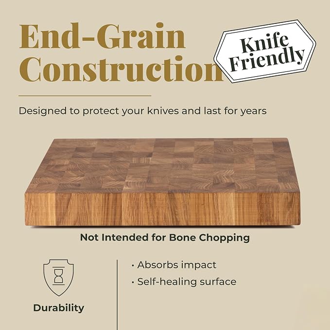 End Grain 10"x7.5" European Oak Wood Cutting Board with Non-Slip Feet & Handles, Charcuterie Board, Knife-Friendly, Serving Chopping Board for Kitchen