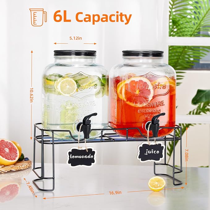 FavorFlavor 1.5 Gallon Drink Dispenser : 2P Glass Dispenser w/Metal Stand | Stainless Steel Spigot-Large Dispenser for Lemonade/Juice/Sun Tea/Drinks-Ideal for Home Gatherings&Parties
