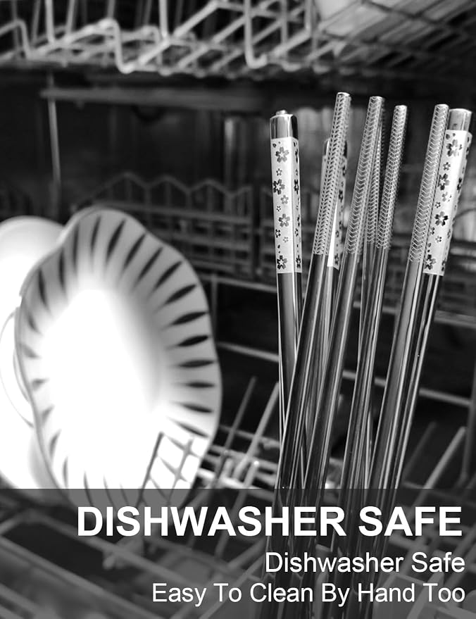 FOFAYU 5 Pairs Metal Chopsticks Reusable 18/8 stainless steel Chopsticks Japanese Style Dishwasher Safe Lightweight Non-Slip Chop Sticks 9 1/4 Inches Present Set