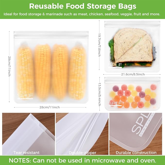 SPLF 10 Pack Dishwasher Safe Reusable Snack Bags | BPA Free Reusable Food Storage Freezer Bags Leakproof Silicone and Plastic Free Lunch Bags Fridge Home Organization