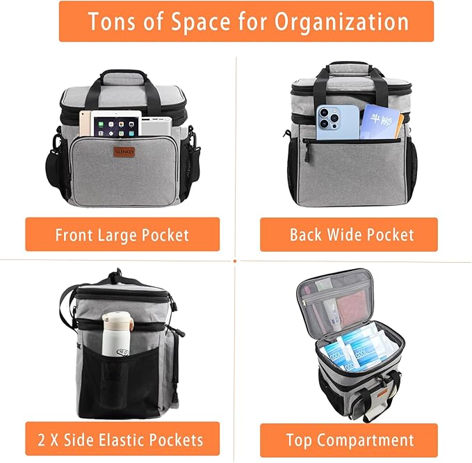 Expandable Lunch Box Cooler Bag - Insulated Soft Lunch Bag for Men Women - Large Lunchbox for Adults Work Camping Outdoor Travel Grey 16L