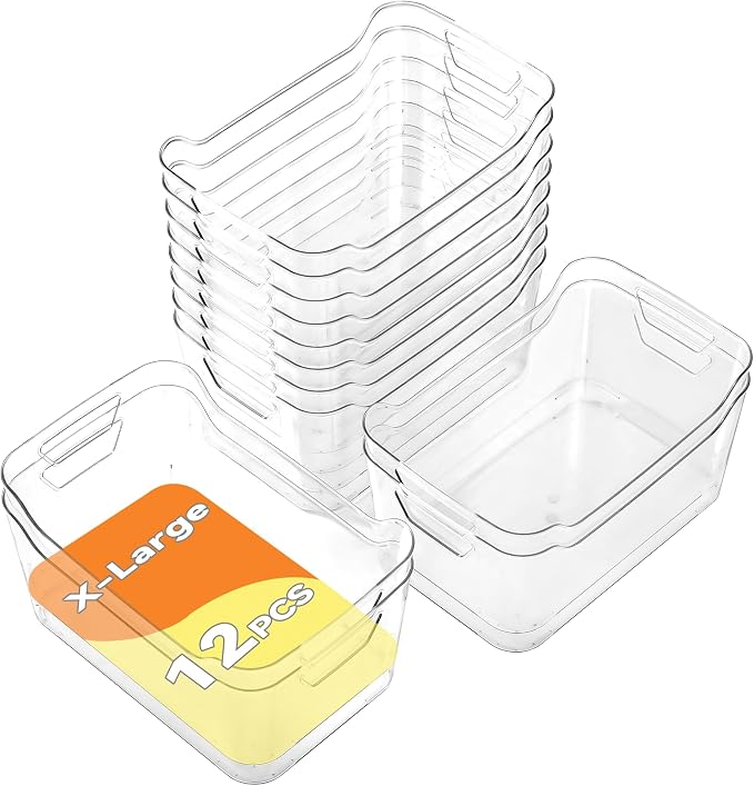 Clear Plastic Storage Bins - 12 Pack Pantry Organizers and Storage, Clear Pantry Organizer Bins, X-Large Plastic Containers with Handle for Kitchen, Cabinet, Bathroom, Classroom Organization