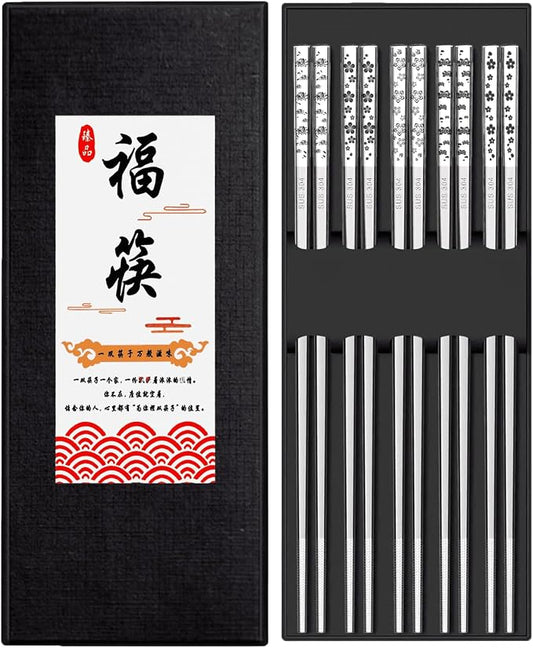 Stainless Steel Chopsticks - Laser-Engraved,Reusable metal chopsticks Non-Slip Tips, Dishwasher Safe Metal Utensils for Sushi, Cooking, Family & Gifts 9.25 Inches (Floral)