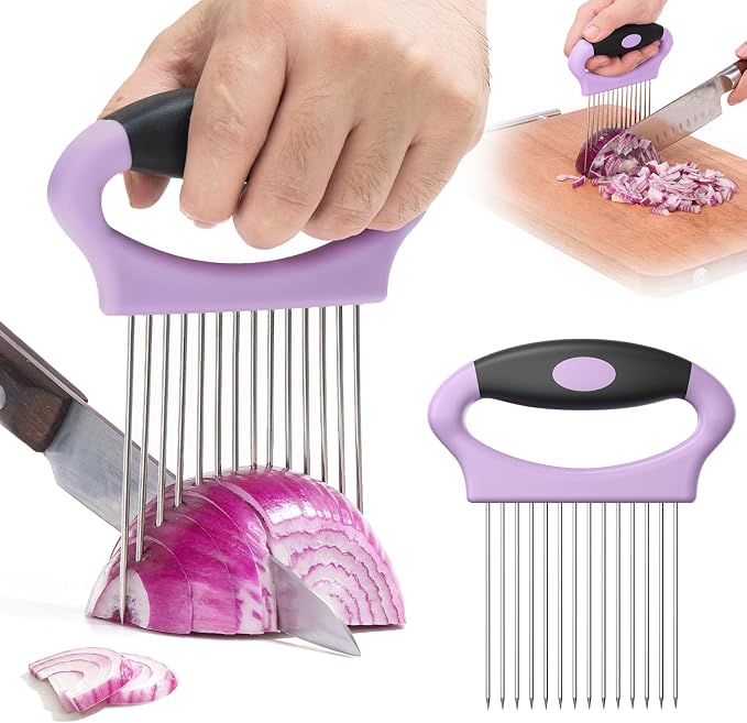 Large Onion Holder for Slicing, Stainless Steel Onion Slicer Holder with Protect Cover, Onion Cutter Vegetable Chopper for Slicing of Tomato Avocados, Cool Kitchen Gadgets