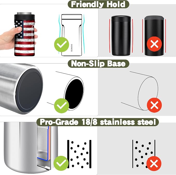 3 In 1 Insulated Universal Can Cooler - Signice Double Walled Vacuum Insulator Stainless Steel Slim Can Cooler for 12 Oz Skinny Tall Standard Regular Can Beer Bottle (Flag)
