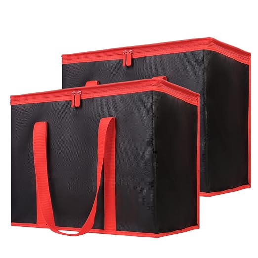 Bodaon 1-Pack Insulated Reusable Grocery Shopping Bags, X-Large, Black-Red | Picnic Cooler Bag with Zippered Top Cold, Insulated Food Delivery Bag for Commercial Rideshare, Collapsible Tote Bags, Picnic