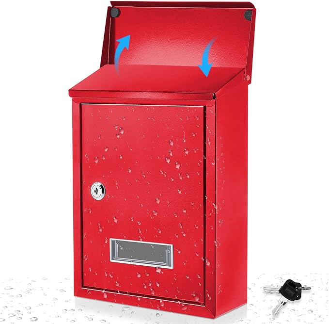 Amylove Weatherproof Mail Boxes with Key Lock, Security Locking Wall Mount Metal Mailbox with Slot for Outside, Large Capacity for Mail, Packages, Donations, Voting 11.8" H x 8.3" L x 2.8" W, Red