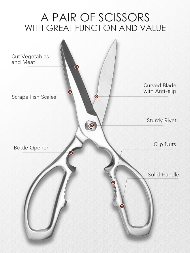Kitchen Scissors, Forged Stainless Steel Shears for Meat and Vegetables | 3Cr14 one-piece blades with bottle opener, nutcracker and fish scaler; dishwasher safe