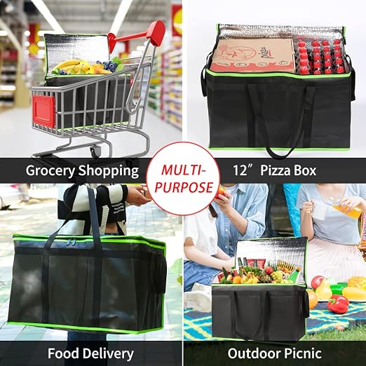 1-Pack Insulated Food Delivery Bag, XXX-Large Commercial Food Warmer for Delivery Drivers, Insulated Reusable Grocery Cooler/Hot Bags, Tote Bag for Shopping/Travel, Black with Green Edge