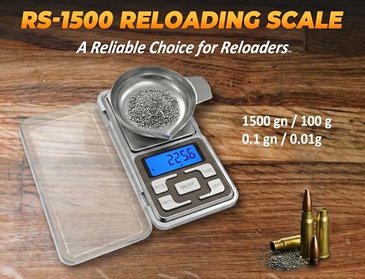 RS-1500 Digital Reloading Scale, 1500 Grains x 0.1gn Powder Scale with Metal Pan, Calibration Weight & Batteries, Reloading Supplies and Equipment