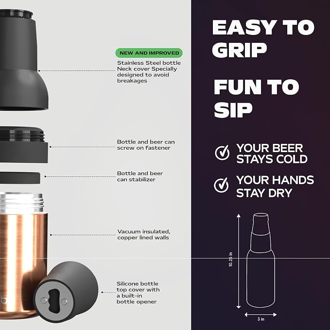 Asobu Frosty Beer Holder 2 Go Vacuum Insulated Double Walled Stainless Steel Beer Can and Bottle Cooler with Beer Opener, Bpa Free, Fits Standard 12oz Bottles & Cans, Gift for Beer Lovers