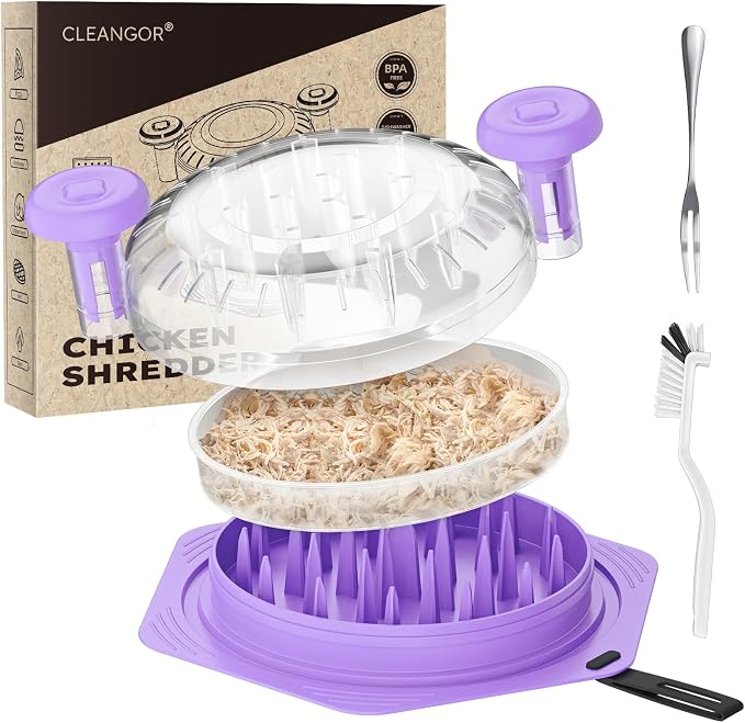 CLEANGOR Chicken Shredder Tool Twist Large, BPA Free Meat Shredder | with Ergonomic Handle, Non-Slip Food Shredder Tool for Pork, Beef, Set of Chicken Breast Shredder with Brush & Fork