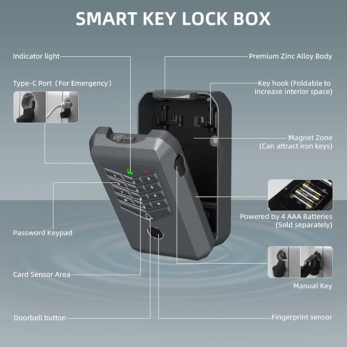 Smart Lock Box, Fingerprint Key Lock Box with Tuya APP Control, IP66 Waterproof Bluetooth Electronic Lock Box, 5-Way Unlock Wall Mounted Key Safe for Home Office Realtor