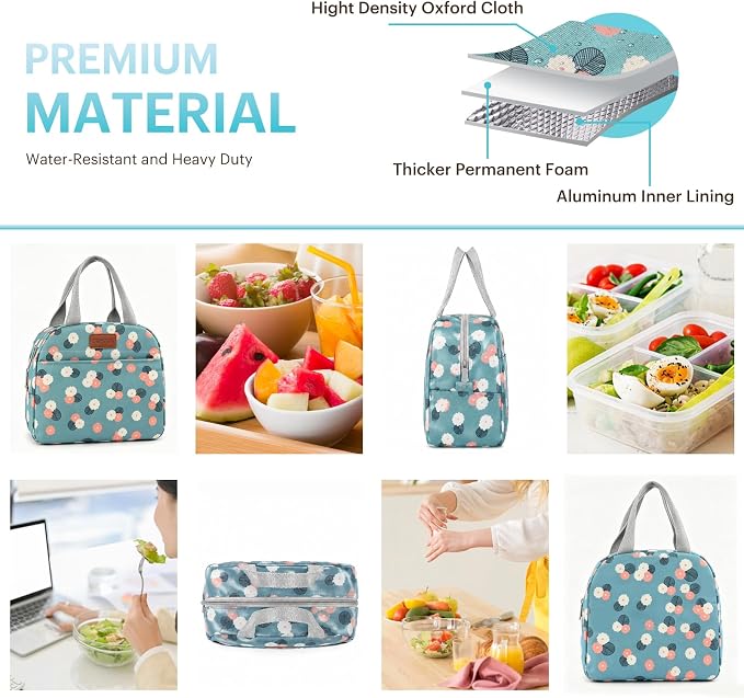 Lunch Bag for Women & Men Adult Insulated Lunch Box, Small Leakproof Cooler Food Lunch Containers Reusable High Capacity Lunch Tote Bags for Work, Travel, Outdoor - Green Flower