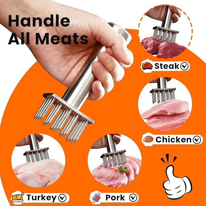 304 Stainless Steel Meat Tenderizer Tool, Sharp Long Needles for Thick Cuts | Square 18-needle head reaches deep into meat for faster marinating, Dishwasher safe, Cover included