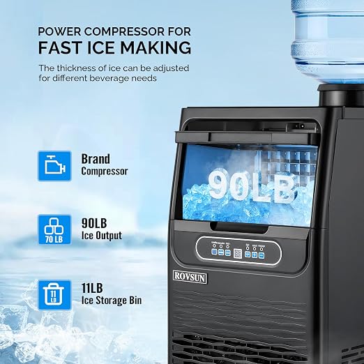 ROVSUN Commercial Ice Maker 90LBS/24H with 2 Water Inlets, Stainless Steel Ice Machine Countertop & Freestanding for Restaurant Bar with 11lbs Storage Bin, Ice Scoop, Drain Pipe & Water Filter