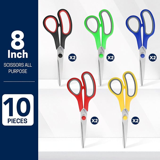 BURVAGY 10 Pack 8" Scissors All Purpose, Heavy Duty Scissors for Office | Scissors Bulk Multipurpose Comfort-Grip Sharp Adult Office Scissors Set Sewing Fabric Stainless Steel Blades, Right/Left Hand