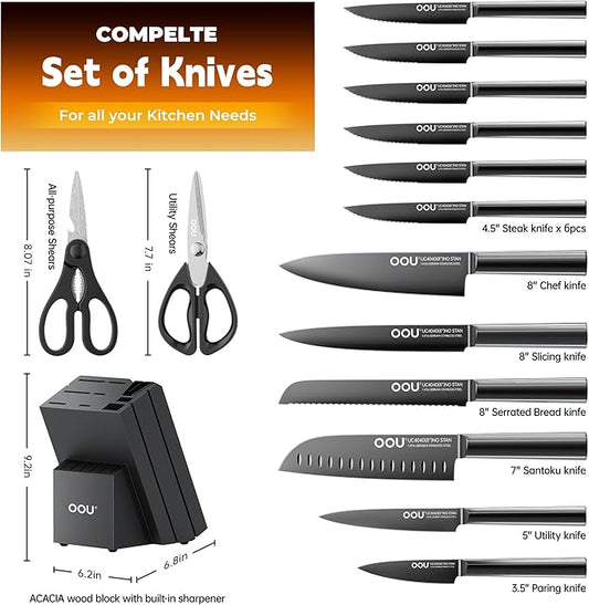 OOU Kitchen Knife Block Set - 15 Pieces High Carbon Stainless Steel Knife Block Set with Built-in Sharpening Blocks, Black
