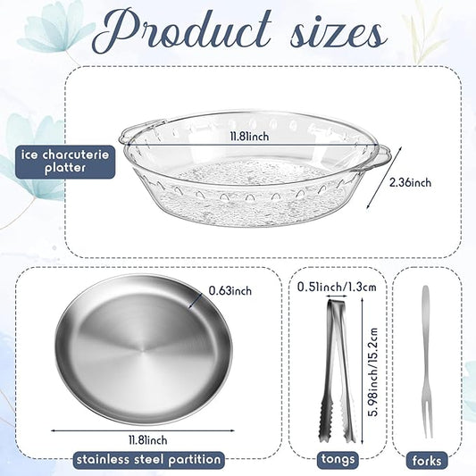 Baderke 6 Sets 11.8" Chilled Serving Tray for Parties Round Iced Platter with Ice Underneath Stainless Steel Clip Fruit Fork Shrimp Cocktail Serving Dish for Oysters Crawfish Fruits (Original)
