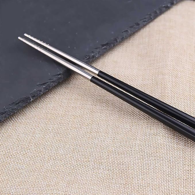 Qinlang Reusable Chopsticks, Stainless Steel Tips/Fiber Glass Handles, Dishwasher Safe, Non-Slip Metal Chopsticks for Cooking Eating, 5 Pairs Gift Pack - Black