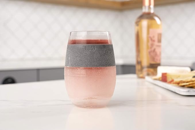 Host Wine Freeze Cup Set of 2 - Plastic Double Wall Insulated Wine Cooling Freezable Drink Vacuum Cup with Freezing Gel, Wine Glasses for Red and White Wine, 8.5 oz Grey - Gift Essentials